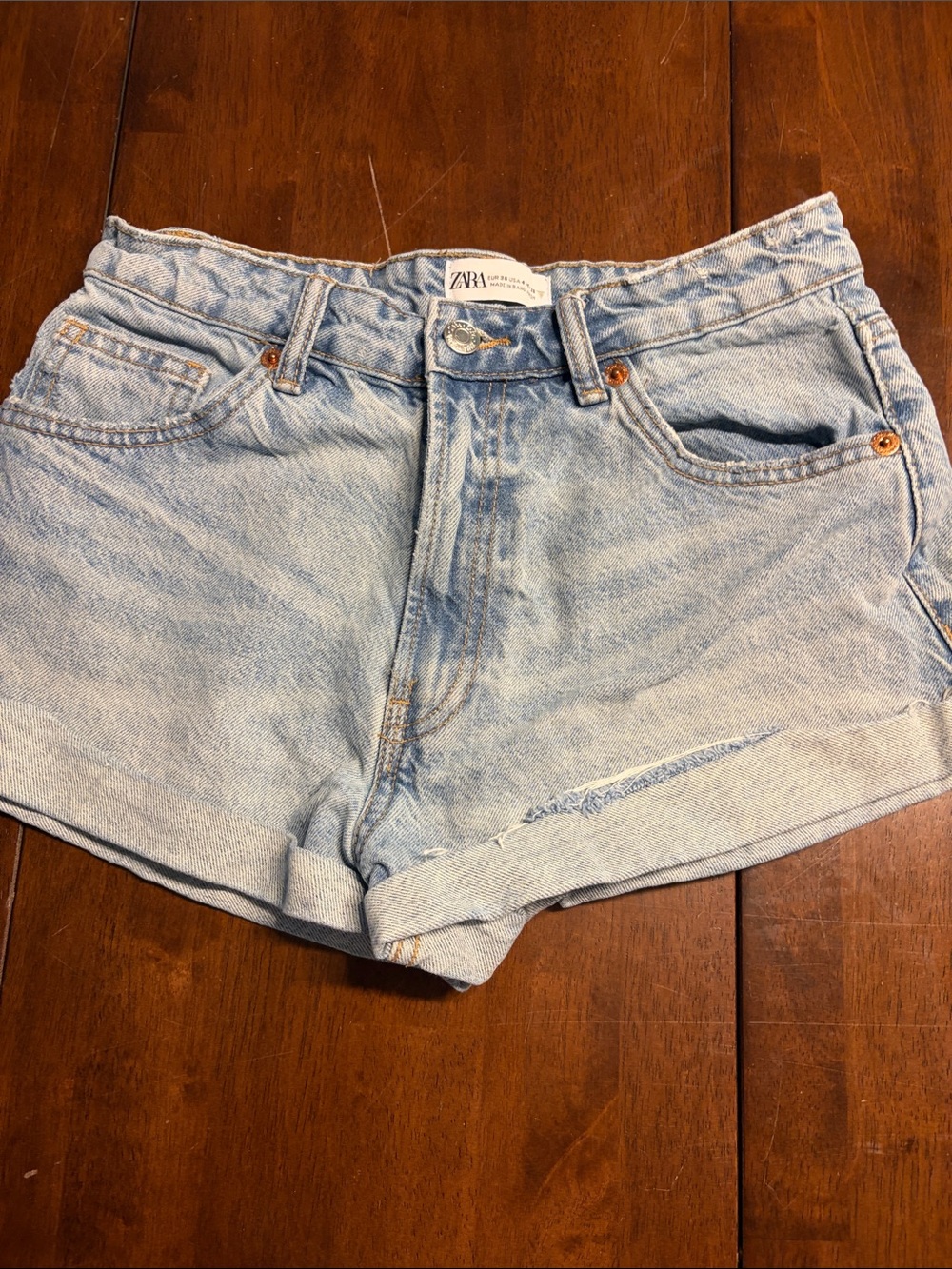 ZARA Faded Light Blue Denim Roll-Hem Shorts